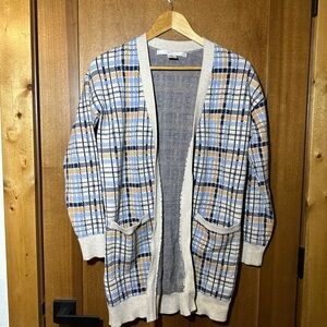 Max Studio Knit Duster Beige Blue Orange Plaid Cardigan size XS Autumnal Pockets